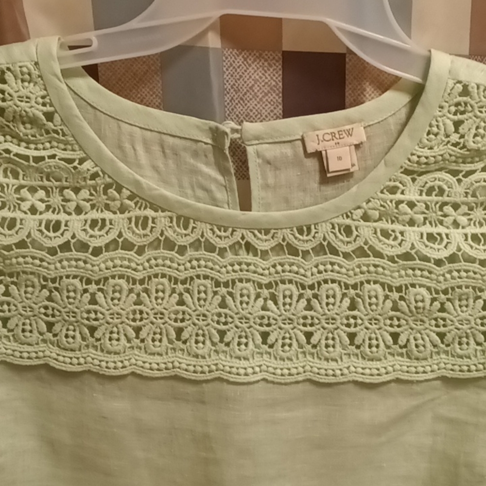 FINAL PRICE CREW seafoam green 100% linen and embroidered s/s blouse Sz 10